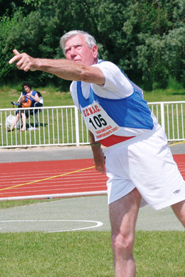 Barry Strange, 
				club president and founder member, competing in the Southern Counties Veterans AC Championships held at Ashford, Kent on Sunday, 3 June 2007.