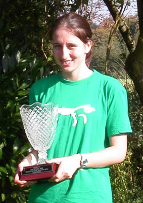 Frances Briscoe holding the 2008 Hanney 5 ladies champion's trophy.