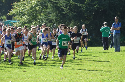 The start of the U13 Boys race at the 2008 Watford round of the Chiltern Cross Country League.