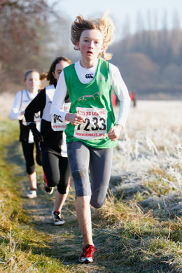 One of our young Harriers leading the way at the 2008 Culham round of the Oxford Mail Cross Country League.