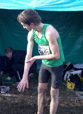 Tim Traynor back at the tent after his race in the 2009 Southern Cross Country Championships held at Hillingdon, West London.