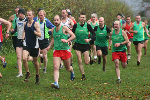 Paul Jegou, John, Dene Stringfellow (- in the background), Adrian Evans and Graham Wiggins shortly after the start of the Wessex Cross Country League fixture held at Hudson Fields, Salisbury on Sunday, 29 November.