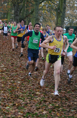 Jonny Cornish, Dan Peace and Stephen Marshall descending the hill at the start of the first lap of the Berks., Bucks. and Oxon Cross Country Championships held on Saturday, 20 November 2010 at South Park, Oxford.