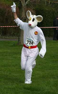 Paul Jegou (White Horse Harriers AC) in his Danger Mouse outfit saluting the crowd as he approaches the finish in the 2010 White Horse Half Marathon.