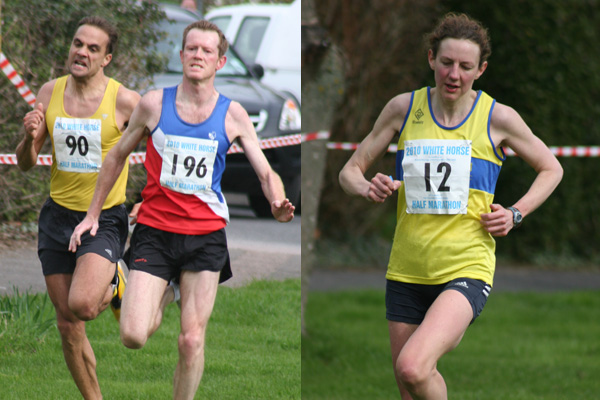 Paul Fernandez (Abingdon Amblers AC) on the left battling to the finish with Stephen Male (Oxford City AC) and Jude Craft (Headington Road Runners) on their way to victory in the 2010 White Horse Half Marathon.
