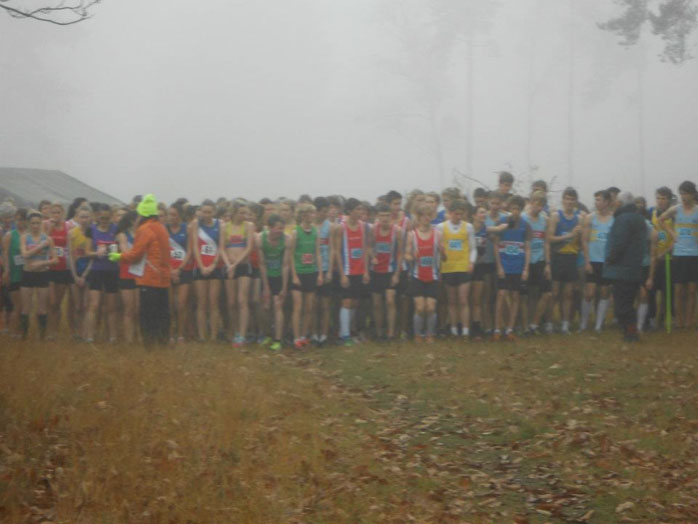 Competitors at the start of the U17W, U17M & Senior Women's combined race at the BB&O Cross Country Championships on Sunday, 20 November 2011