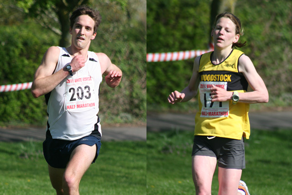 Fabian Downs (Chiltern Harriers AC) and Sophie Carter (Woostock Harriers AC) sealing their victories in the 2011 White Horse Half Marathon.